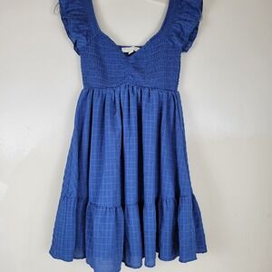 Thirty/Thirty LA Blue Smocked Ruffle Mini Dress XS Sweetheart Cap Sleeve